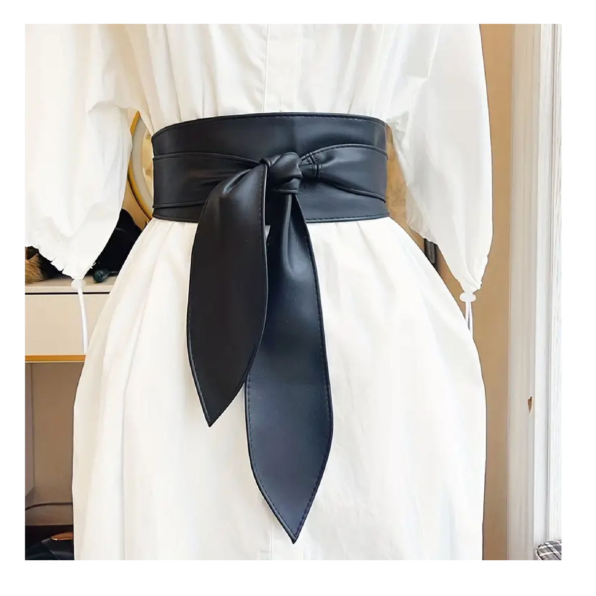 Black Bowknot Obi Belt Lace Up Tied Knot Corset PU Wide Belts Cinch Wa