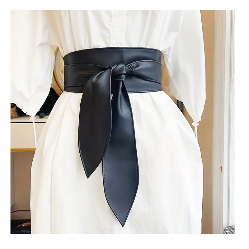 Black Bowknot Obi Belt Lace Up Tied Knot Corset PU Wide Belts Cinch Wa Black Bowknot Obi Belt Lace Up Tied Knot Corset PU Wide Belts Cinch Wa