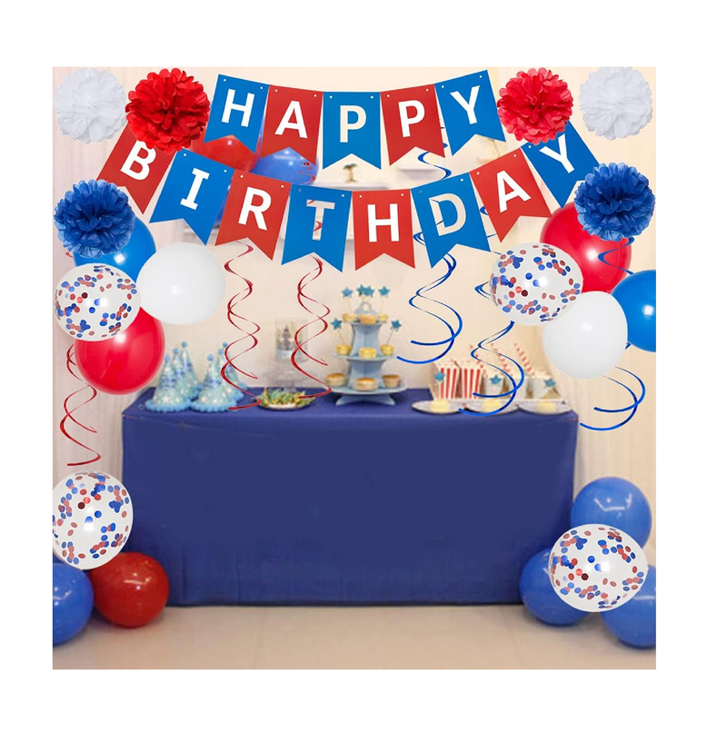 Blue White and Red Birthday Decorations, Patriotic Party Supplies Kit for Men Women Boys Grils, Happy Birthday Banner Paper Pompoms Red Blue