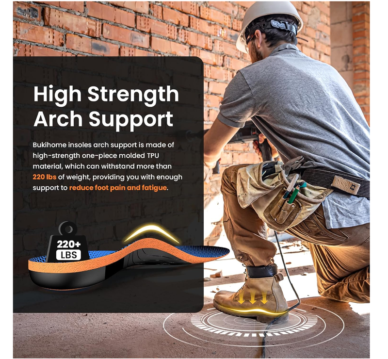 Bukihome Work Boot Insoles & Inserts - High Arch Support Insoles for Standing All Day- Heel Cups & Shoe Inserts