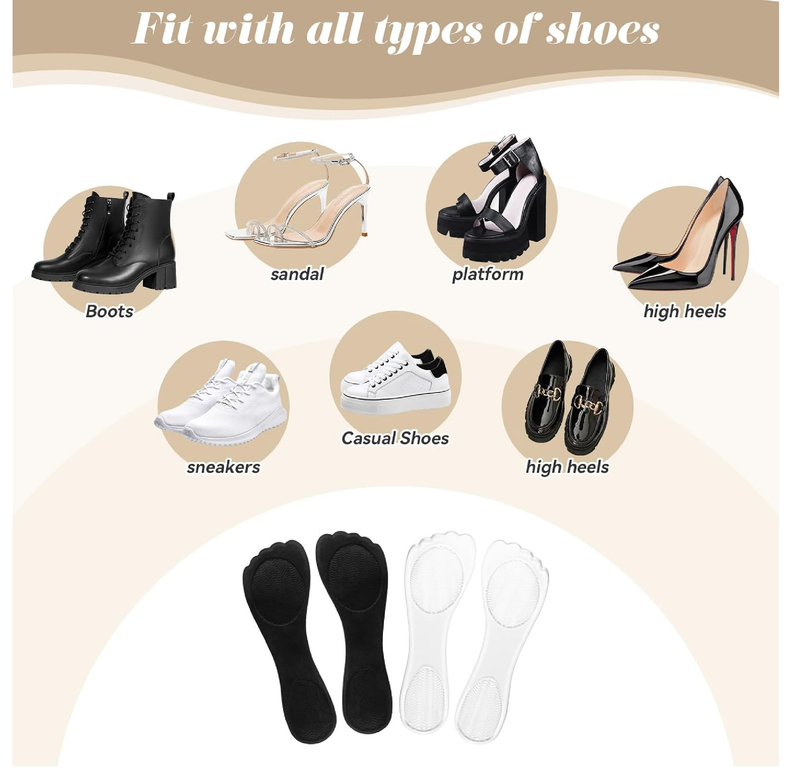 2 Pair Gel Cushion Insoles, 3/4 Gel Cushion Insoles for Women, Non-Skidding Shoe Insoles for High Heels Sandals Flats Boots