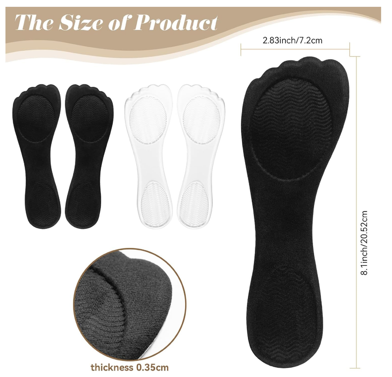 2 Pair Gel Cushion Insoles, 3/4 Gel Cushion Insoles for Women, Non-Skidding Shoe Insoles for High Heels Sandals Flats Boots