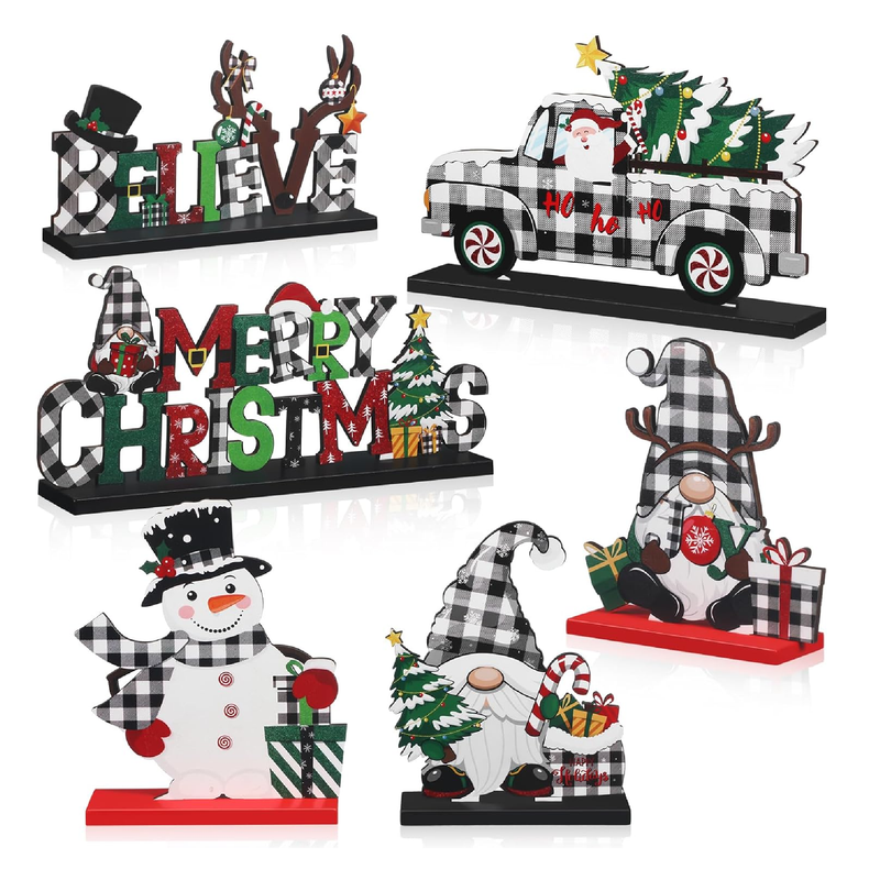 Capoda 6 Pcs Christmas Table Decorations Wooden Christmas Table Centerpieces Xmas Snowman Santa Claus Gnome Table Signs Merry Christmas Table Toppers for Holiday Party Supplies (White, Black)