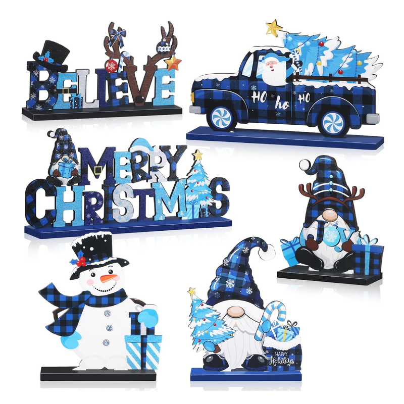 Capoda 6 Pcs Christmas Table Decorations Wooden Christmas Table Centerpieces Xmas Snowman Santa Claus Gnome Table Signs Merry Christmas Table Toppers for Holiday Party Supplies (Blue, Black)