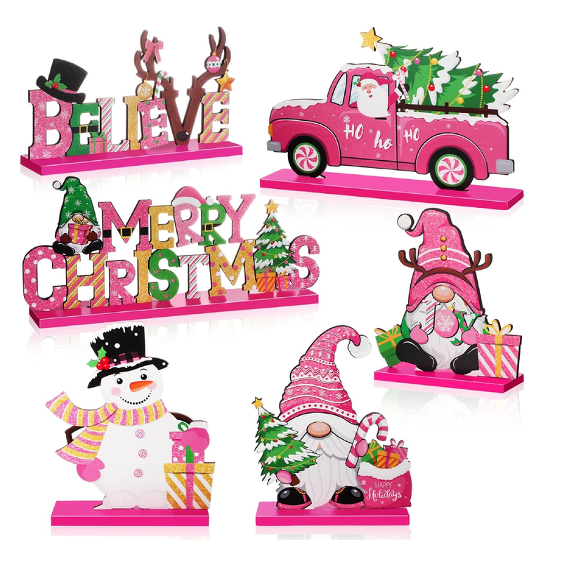 Capoda 6 Pcs Christmas Table Decorations Wooden Christmas Table Centerpieces Xmas Snowman Santa Claus Gnome Table Signs Merry Christmas Table Toppers for Holiday Party Supplies (Pink, White)