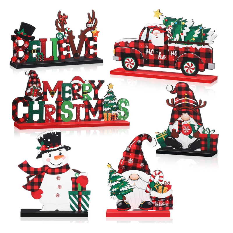 Capoda 6 Pcs Christmas Table Decorations Wooden Christmas Table Centerpieces Xmas Snowman Santa Claus Gnome Table Signs Merry Christmas Table Toppers for Holiday Party Supplies (Red, Black)