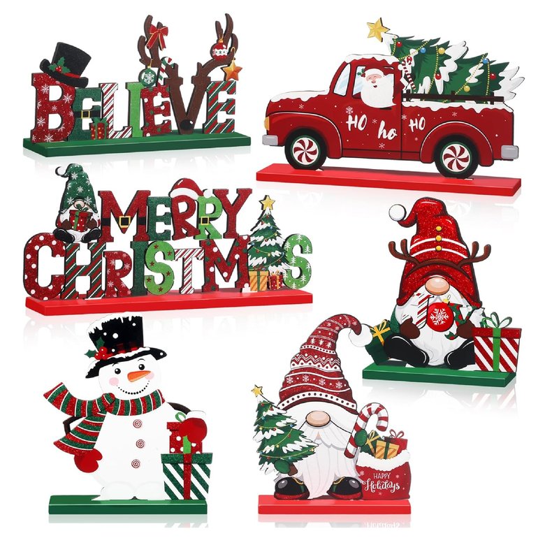 Capoda 6 Pcs Christmas Table Decorations Wooden Christmas Table Centerpieces Xmas Snowman Santa Claus Gnome Table Signs Merry Christmas Table Toppers for Holiday Party Supplies (Red, White)