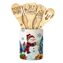 Christmas Decorations Ceramic Utensil Holder with 6PC Christmas Bamboo Spoons, Blue Snowman Cooking Tools Kitchen Utensils Set with Bamboo Spoons for 6