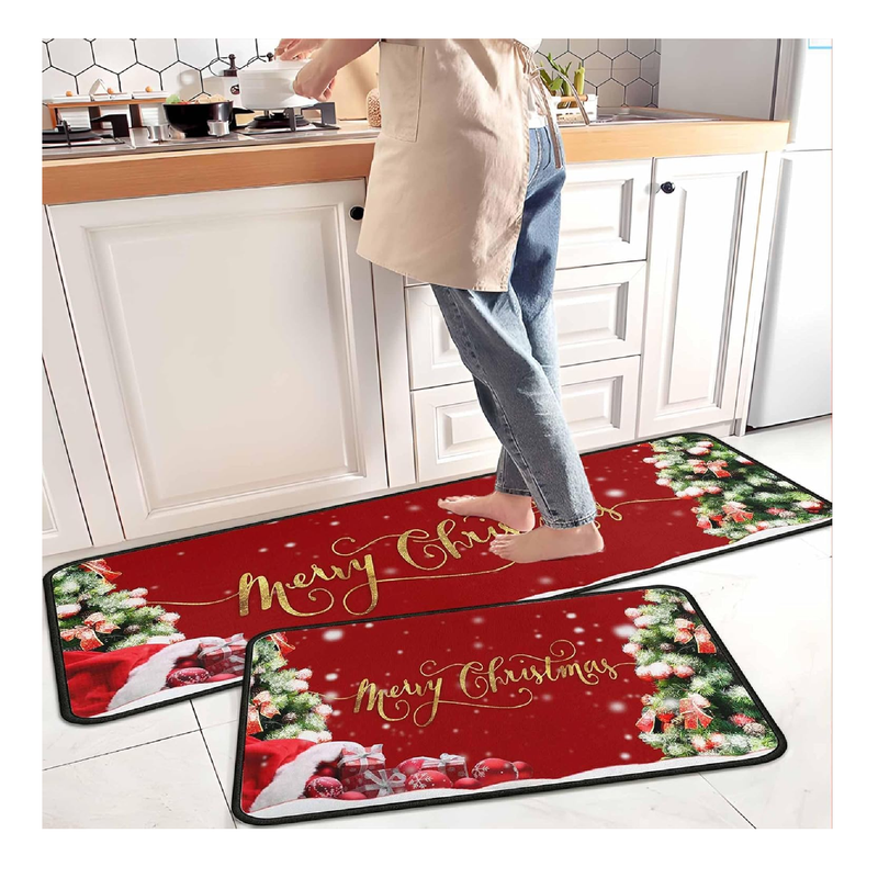 Christmas Kitchen Rugs 2 PCS, Merry Christmas Kitchen Rug, Non Skid Washable Padded Soft Comfort Kitchen Rugs Set (17"x47"+17"x30",Merry Christmas)