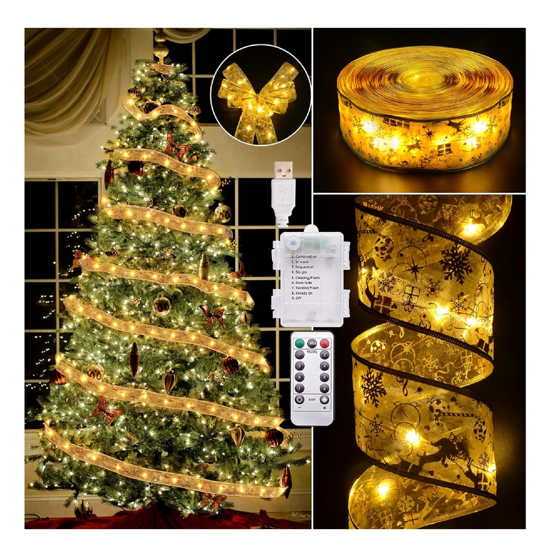 Christmas Decorations - 2.5Inch x 66Ft 200 Led Christmas Tree Ribbon Lights with Remote Control, Battery Operated & USB Powered 8 Lighting Modes Fairy String Lights with Timer for Xmas Tree Decor