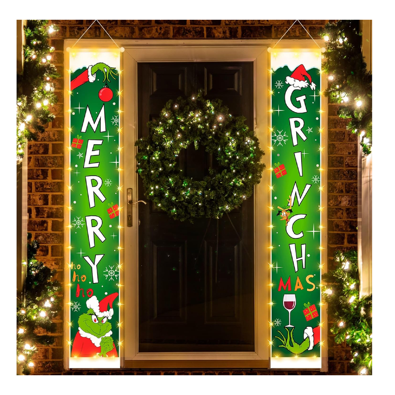 Christmas Decorations Banners with String Lights, Animated Porch Sign Banners Hanging Christmas Decor