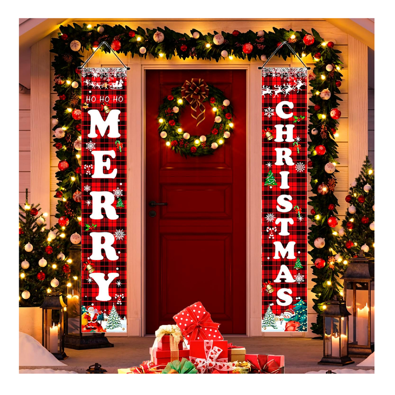 Christmas Decorations Red Black Buffalo Plaid Sign Set for Festival Merry Christmas Door Banner