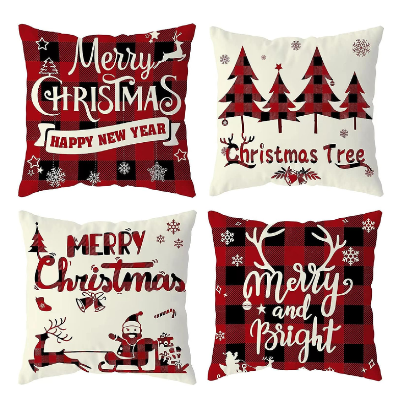 Christmas Decorations Christmas Pillow Covers 18x18 Inches Set of 4  Farmhouse Buffalo Plaid Black and Red Throw Pillow Case Winter Holiday Christmas  Decor Home Sofa Couch Cushion Indoor Decorations 