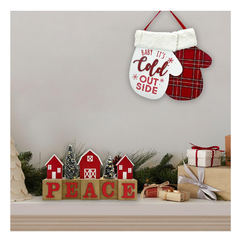 Christmas Decorations for Home Red Plush Oven Mitts Sign Red Plaid Wood Farmhouse Holiday Door Wall Hanging Signs Vintage Winter Rustic Christmas Ornament Indoor and Outdoor