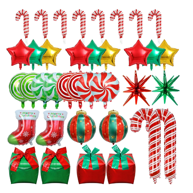 Christmas Foil Balloons, 37 Pcs Red and Green Candy Cane Swirl Star Mylar Christmas Balloons, Merry Christmas Party Decorations Balloons for Birthday and Candy Theme Party