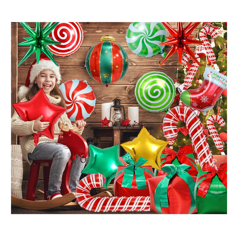Christmas Foil Balloons, 37 Pcs Red and Green Candy Cane Swirl Star Mylar Christmas Balloons, Merry Christmas Party Decorations Balloons for Birthday and Candy Theme Party
