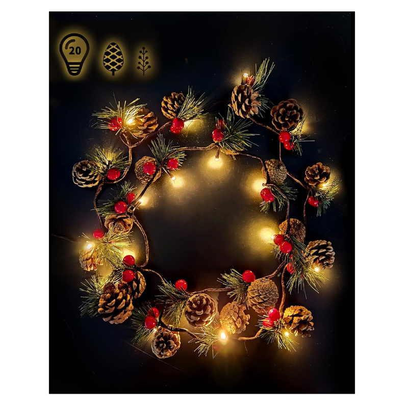 Christmas Garland with Lights, Battery Operated Christmas lights, String Lights with Bell, Needle, Pine Cones, Red Berries, Xmas Wreath for Tree, Fireplace, Indoor Decorations, 2m/6.6FT, 20 Led