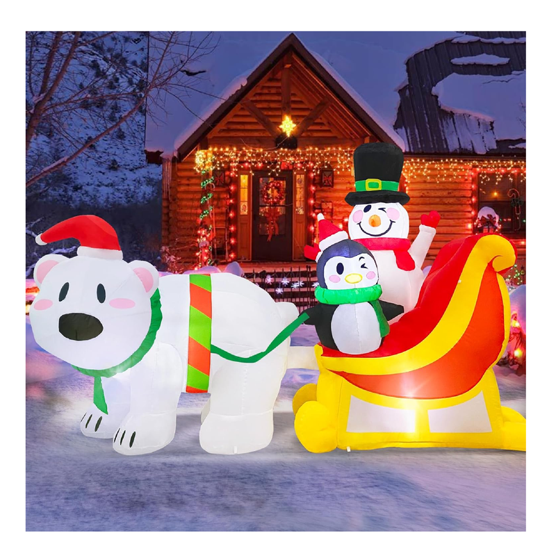 7 FT Long Christmas Inflatables Snowman & Penguin on Sleigh with Polar Bear Inflatable Outdoor Christmas