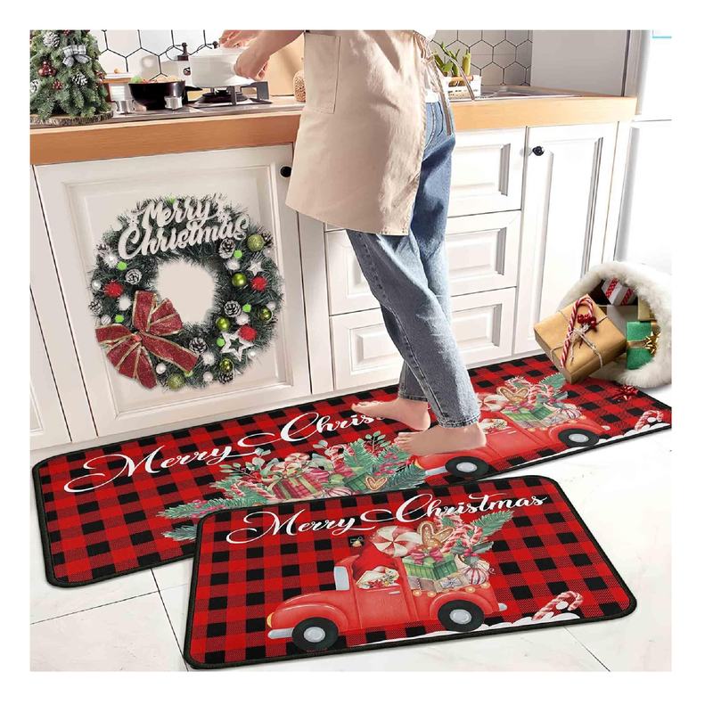 Buffalo Plaid Red Truck Christmas Kitchen Rugs 2 PCS, Merry Christmas Kitchen Rug, Non Skid Washable Soft Comfort Kitchen Rugs Set (17"x47"+17"x30",Merry Christmas)