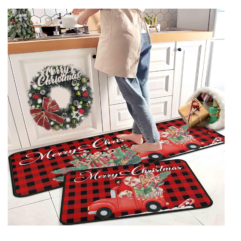 Buffalo Plaid Red Truck Christmas Kitchen Rugs 2 PCS, Merry Christmas Kitchen Rug, Non Skid Washable Soft Comfort Kitchen Rugs Set (17"x47"+17"x30",Merry Christmas)