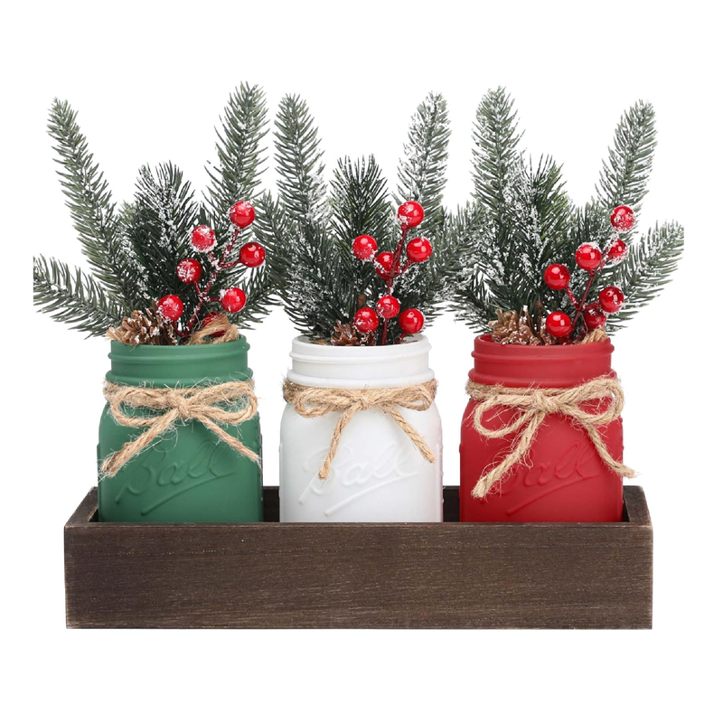 Christmas Mason Jars, Christmas Centerpieces for Tables, Wood Tray & 3 Painted Decorative Jars, Christmas Table Centerpieces Decoration, Farmhouse Dining Table Kitchen Decorations Home Decor