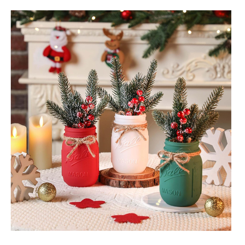 Christmas Mason Jars, Christmas Centerpieces for Tables, Wood Tray & 3 Painted Decorative Jars, Christmas Table Centerpieces Decoration, Farmhouse Dining Table Kitchen Decorations Home Decor