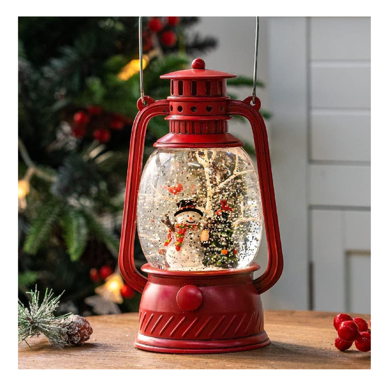 Christmas Musical Red Snow Globe Lantern Spinning Water Glittering Snowman with Holiday Tree Scene, Battery & USB Powered Light for Home Decoration