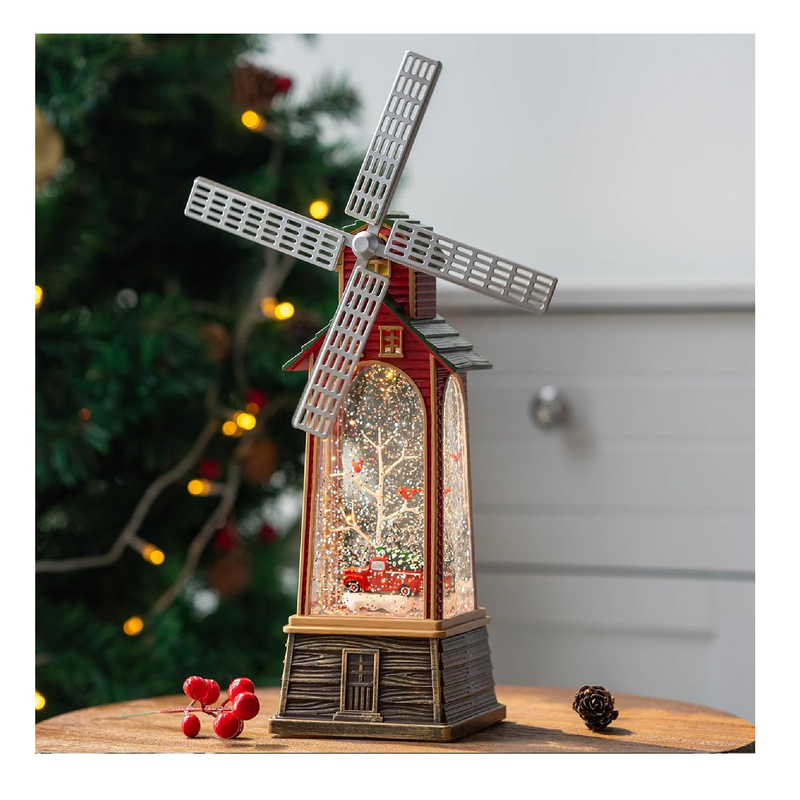 Windmill Christmas Snow Globe Lantern, Rotating Vanes Musical Lighted Water Red Truck in in Swirling Glitter
