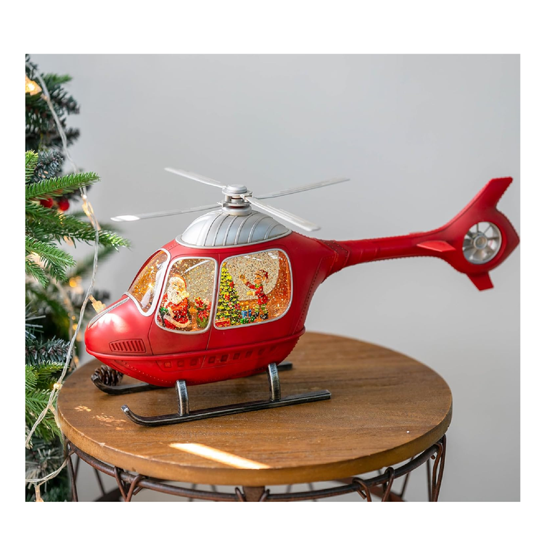 Christmas Musical Snow Globe Lantern Santa in A Red Helicopter Spinning Water Lantern Decoration for Home, Battery Operated or USB Powered