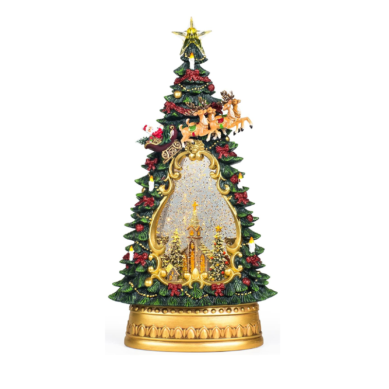 14 Inch Snow Globe Christmas Tree Figurine Lantern Musical Lighted Water Church in Swirling Glitter Decorations Lantern for Holiday Season Home Decor