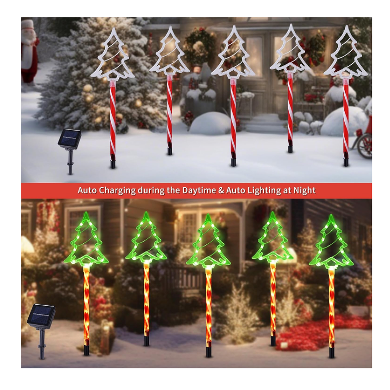 Christmas Pathway Lights Outdoor Decorations, Solar Christmas Tree Candy Lights Led Garden Decorative Stake Lights 8 Modes Waterproof Walkway Lights for Yard Porch 5-Pack（Green Christmas Tree）