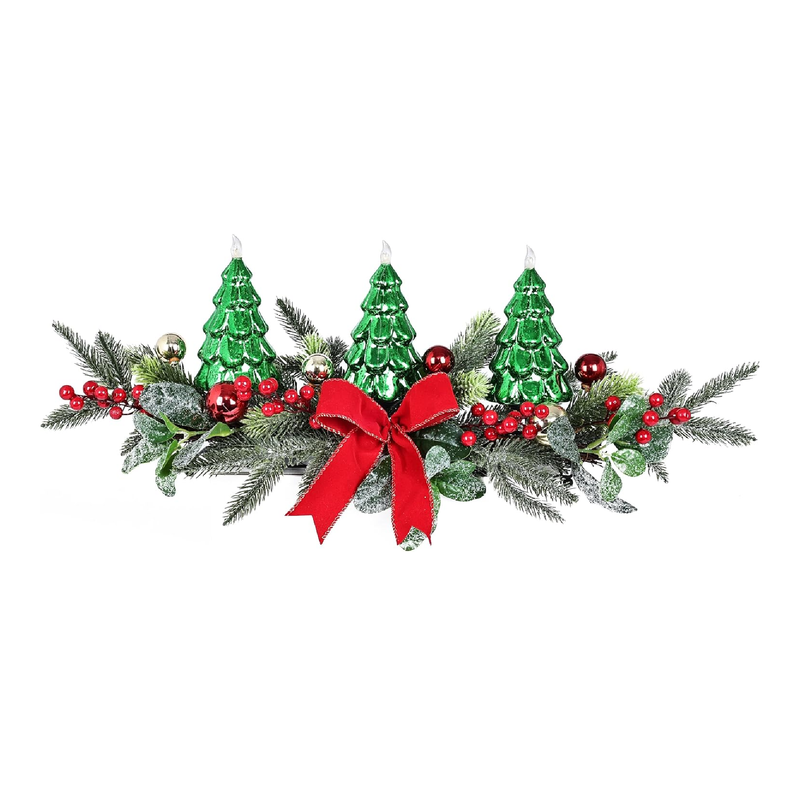 Christmas Table Centerpiece with LED Lights, Christmas Decoration with 3PCS Green Christmas Tree, Red Berry, Christmas Balls for Holiday Party, Home, Fireplace