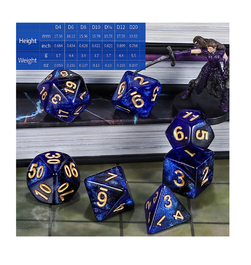 CiaraQ DND Polyhedral Dice Set for Dungeons and Dragons RPG MTG Role Playing Table Games with 1 Dice Pouch Dark Blue & Black  Glitter