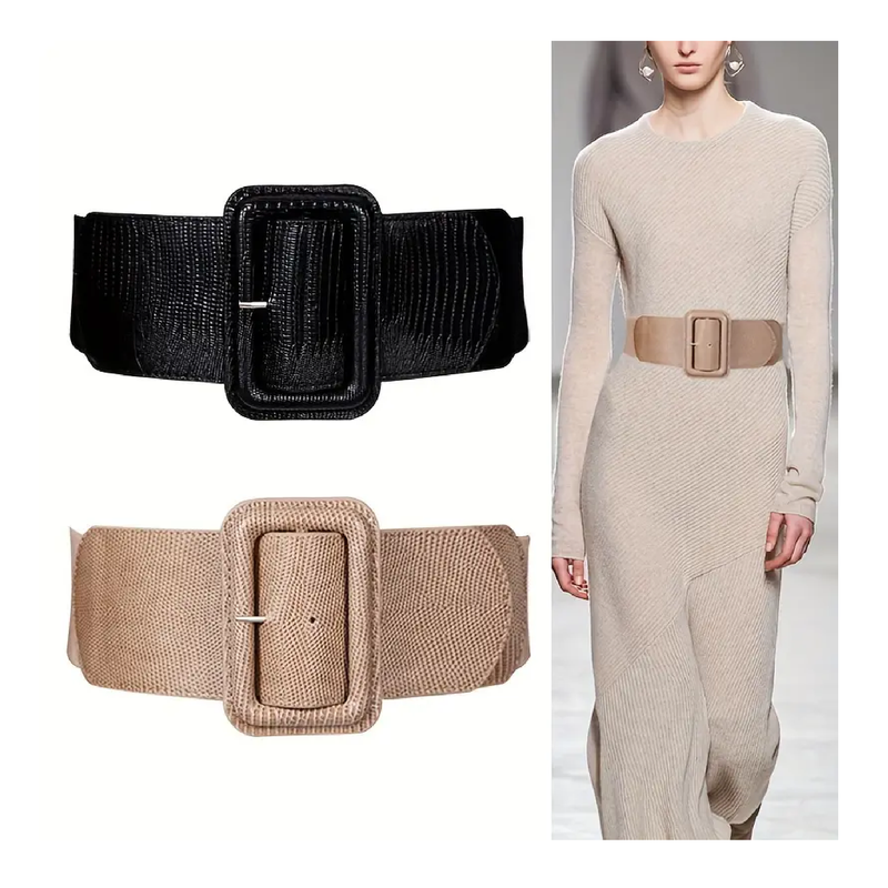 Classic Embossed Wide Belt Elegant Solid Color Elastic Waistband Vintage Dress Coat Girdle For Women Girls