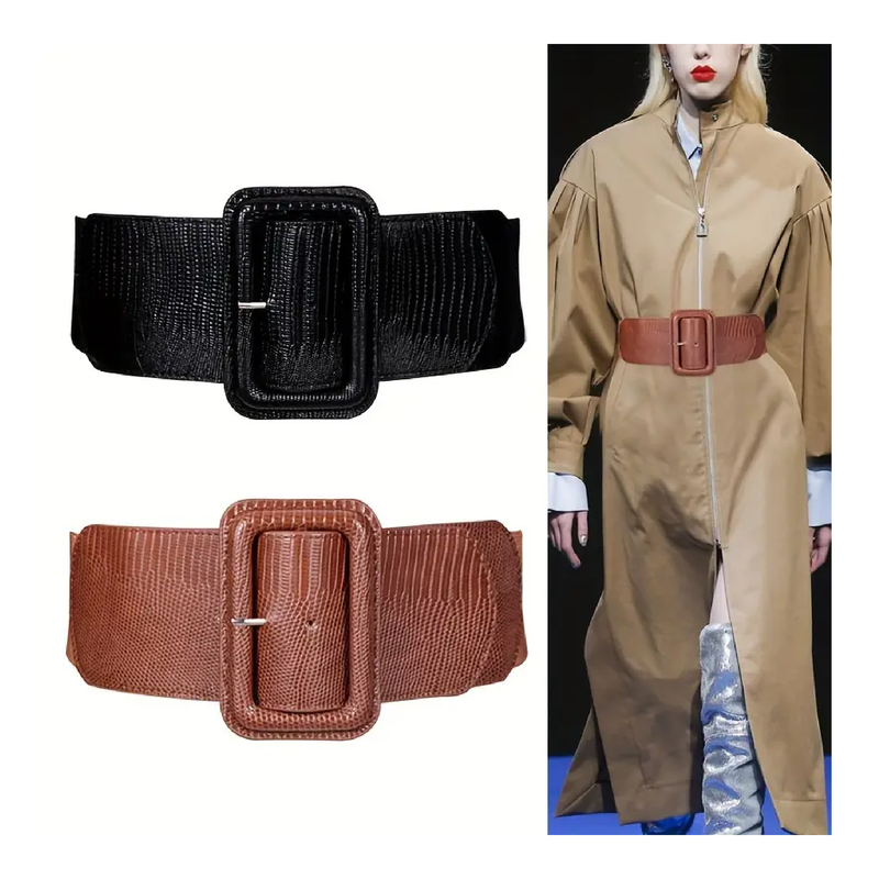 Classic Embossed Wide Belt Elegant Solid Color Elastic Waistband Vintage Dress Coat Girdle For Women Girls
