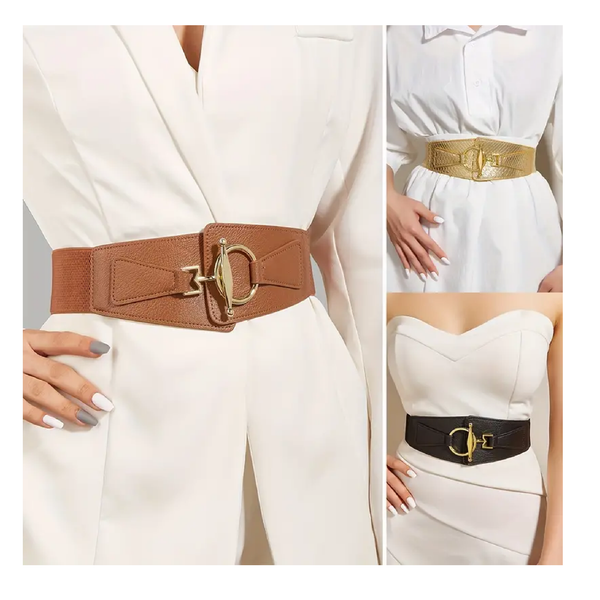 Classic Lock Buckle Wide Belts Trendy Solid Color Embossed Elastic PU