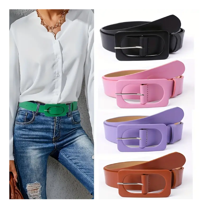 Classic Rectangular Buckle Wide Belts Candy Color Casual PU Waistband Simple Jeans Pants Belt Skirt Girdle For Women