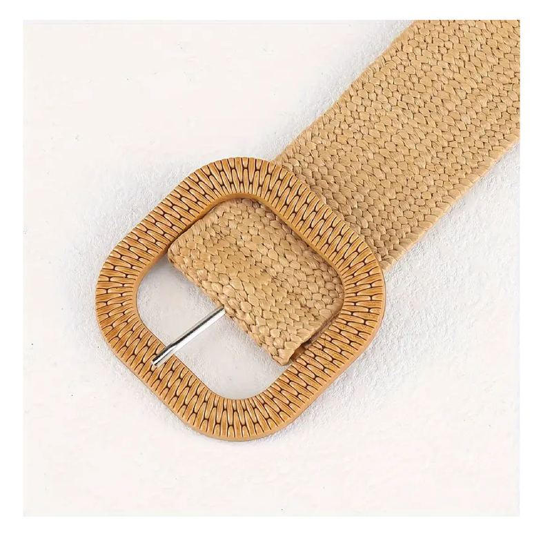 Classic Square Buckle Boho Belts Solid Color Braided Straw Belt Elastic Waistband Simple Jeans Belt Dress Girdle For Women