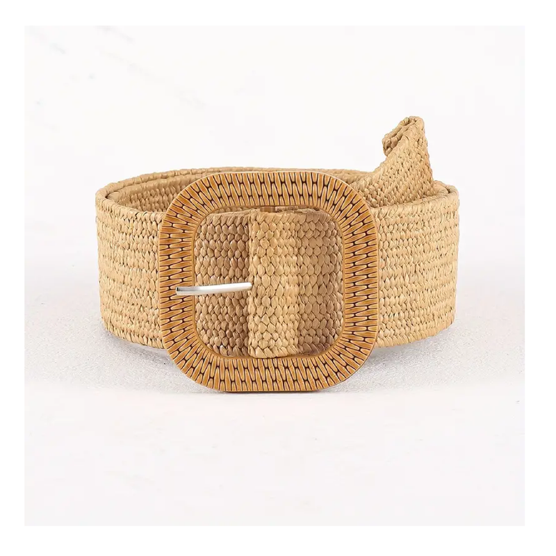 Classic Square Buckle Boho Belts Solid Color Braided Straw Belt Elastic Waistband Simple Jeans Belt Dress Girdle For Women