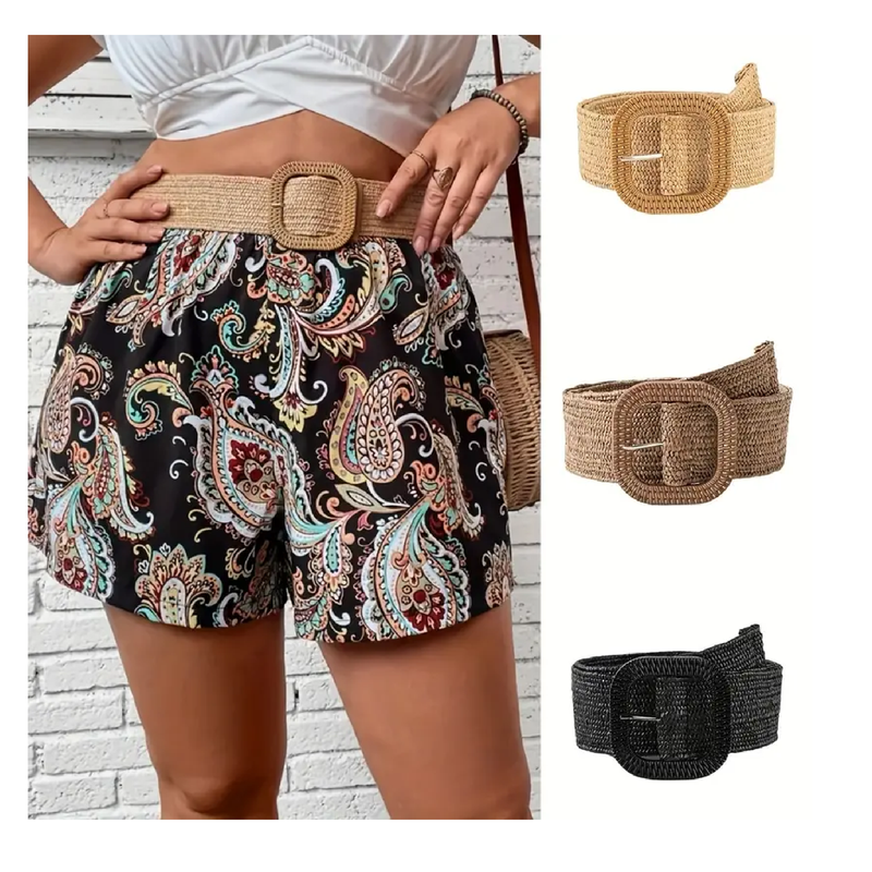 Classic Square Buckle Boho Belts Solid Color Braided Straw Belt Elastic Waistband Simple Jeans Belt Dress Girdle For Women