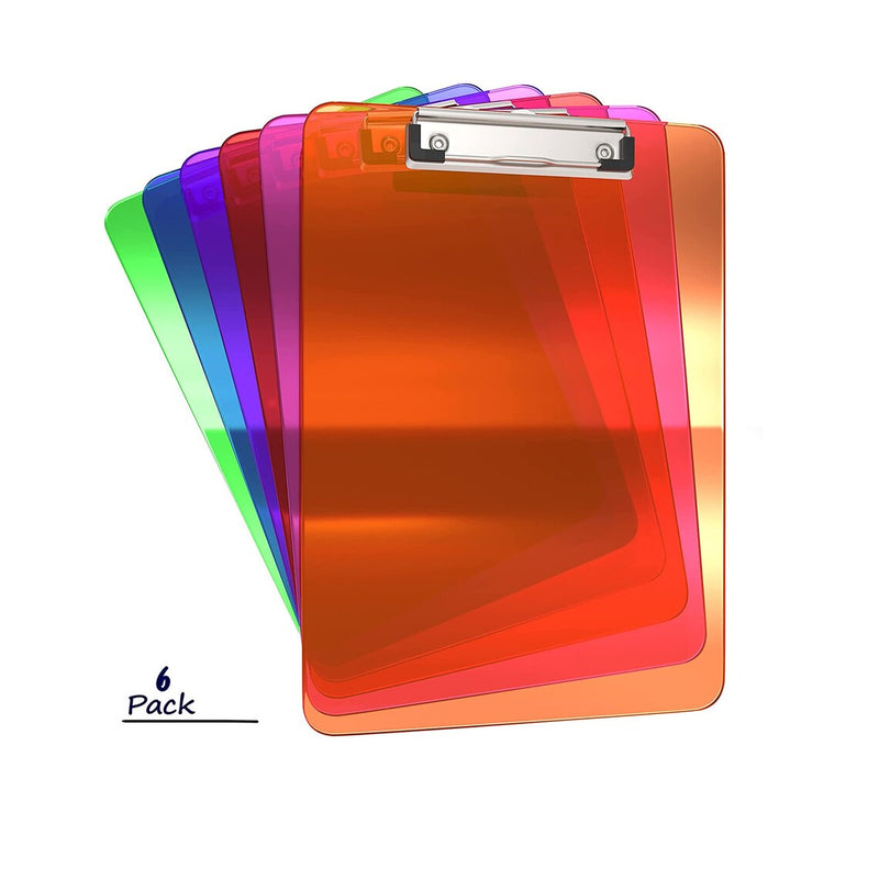 6-Pack Plastic Clipboards | Colored Transparents with Low Profile Metal Clip | 100-sheet Capacity