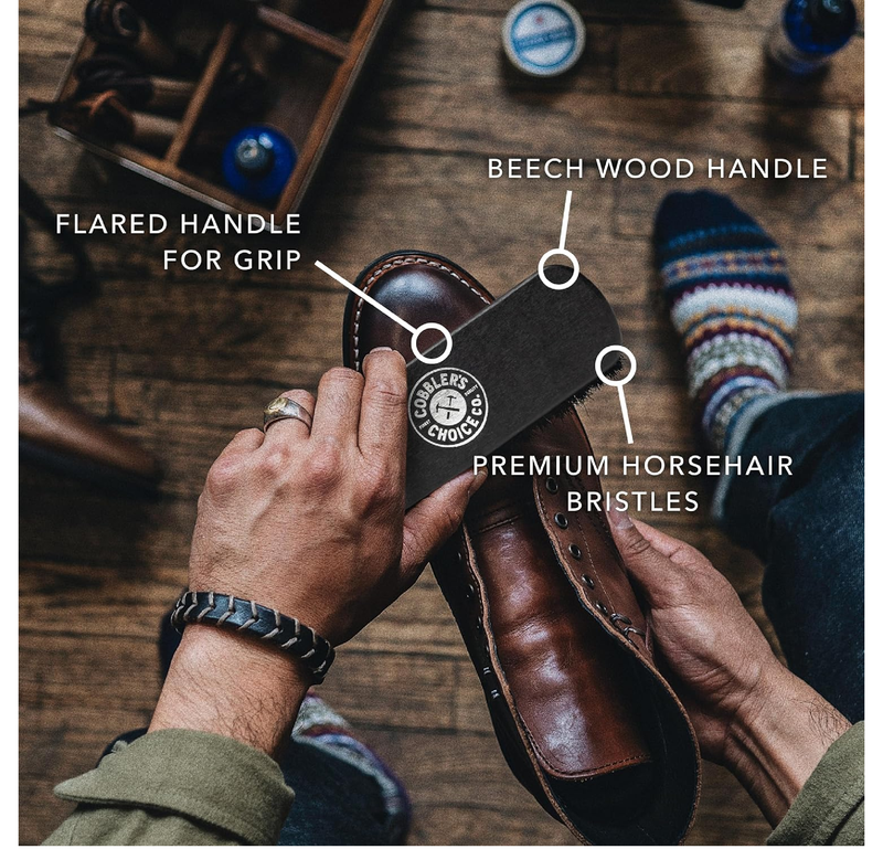 Premium Shoe Brush - Horsehair Shoe Brush - Concaved Handle for Premium Grip, Black