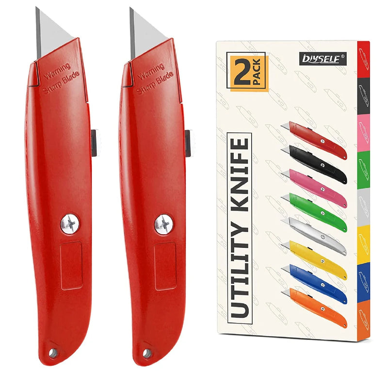 DIYSELF 2Pack Utility Knife Box Cutter Retractable Blade Heavy Duty(Red)
