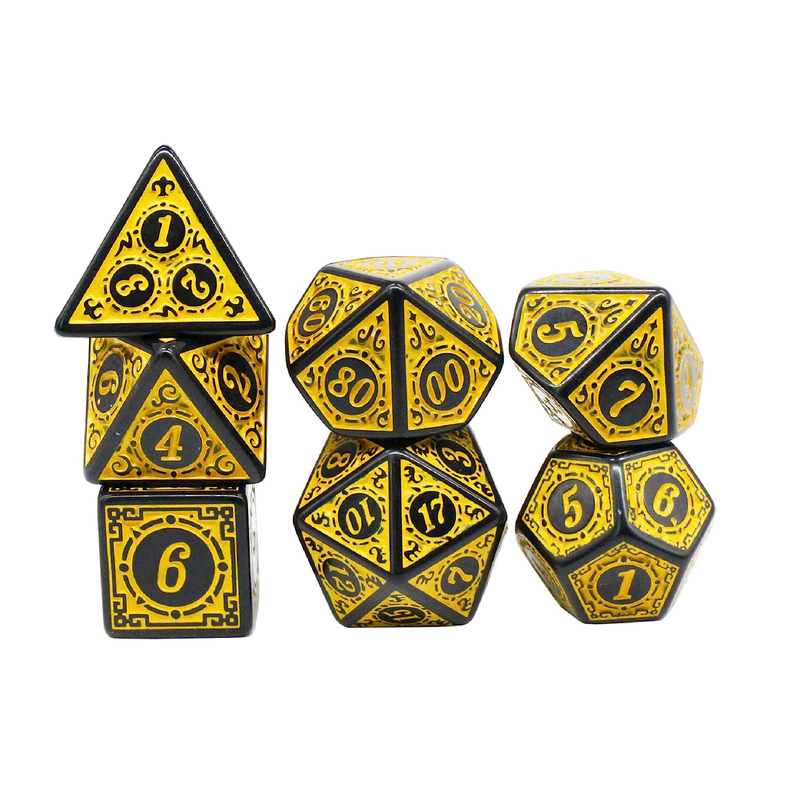 DND Dice Set D&D Polyhedral Dice 7 Pcs with a Drawstring Dice Bag Yellow with Black Edge Window Lattice Carved Dice