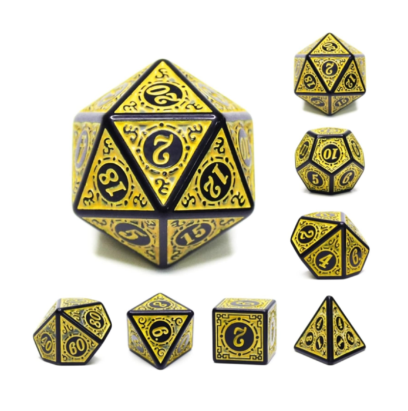 DND Dice Set D&D Polyhedral Dice 7 Pcs with a Drawstring Dice Bag Yellow with Black Edge Window Lattice Carved Dice