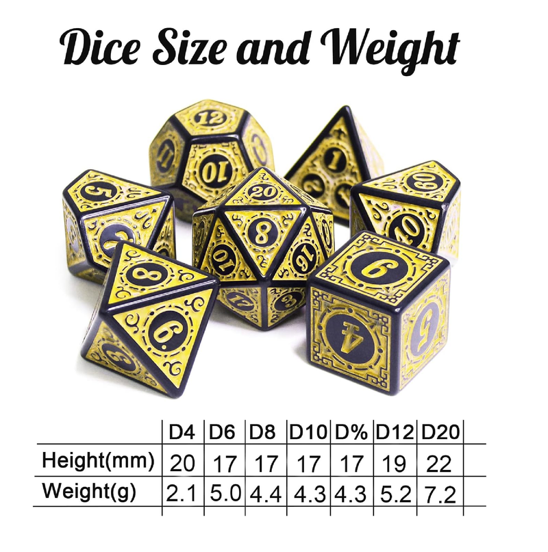 DND Dice Set D&D Polyhedral Dice 7 Pcs with a Drawstring Dice Bag Yellow with Black Edge Window Lattice Carved Dice