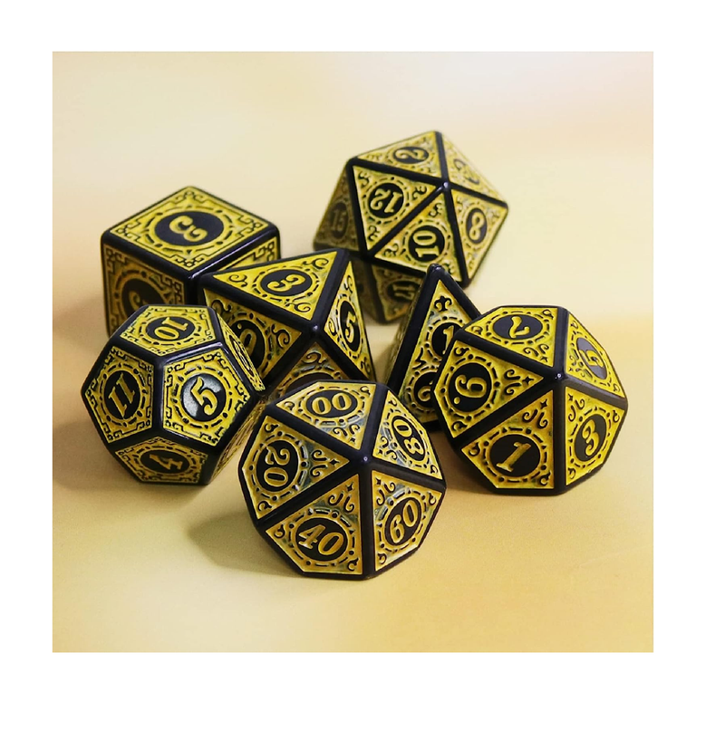 DND Dice Set D&D Polyhedral Dice 7 Pcs with a Drawstring Dice Bag Yellow with Black Edge Window Lattice Carved Dice