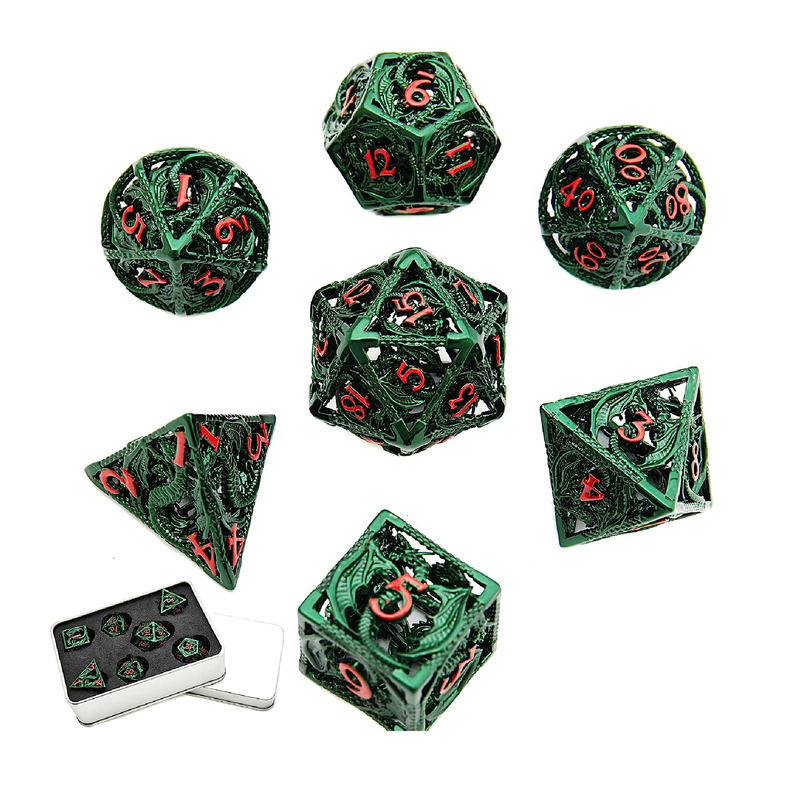 DND Game Dragon Pattern Hollow Metal Dice 7Pcs Set and with Metal Box Gifts for Dungeons