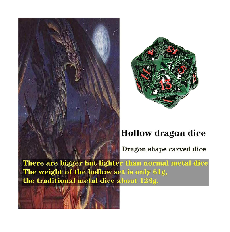 DND Game Dragon Pattern Hollow Metal Dice 7Pcs Set and with Metal Box Gifts for Dungeons