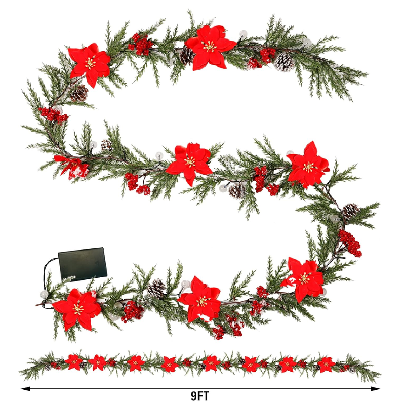 DR.DUDU 9 FT Pre-lit Artificial Christmas Garland with 30 LED Lights, Battery Powered with Pine Cones, Red Berries, Pine Needles